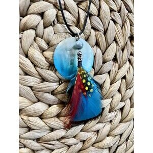 Artisan Crafted 1.5" Round Blue Mother of Pearl & Bird Feather Pendant Necklace
